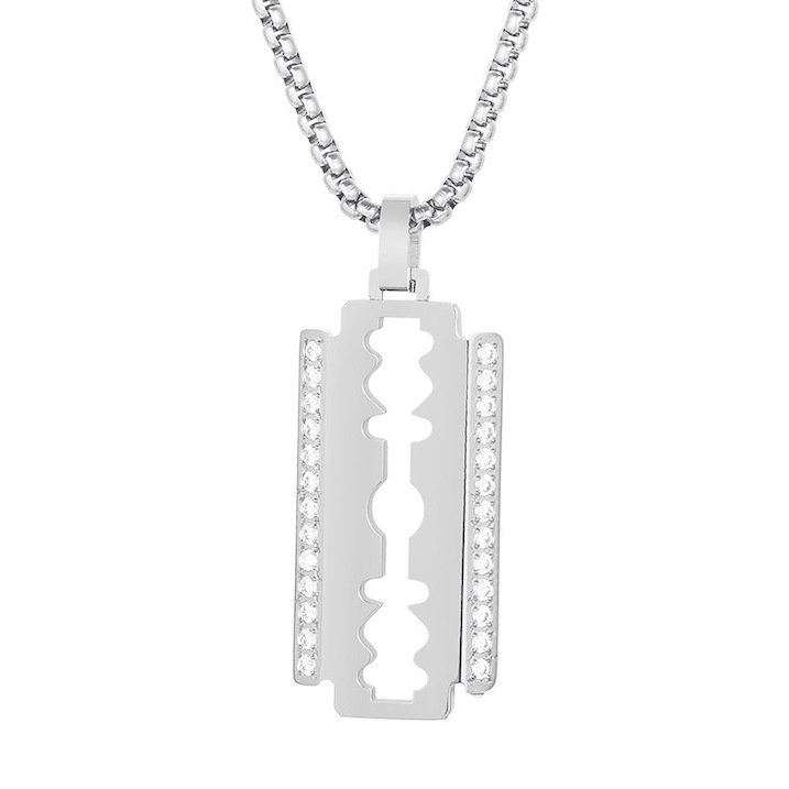 Stainless Steel Crystals Blade Pendant Necklace