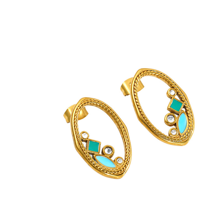 Stainless Steel Enamels CZ Leaf Oval Stud Earrings