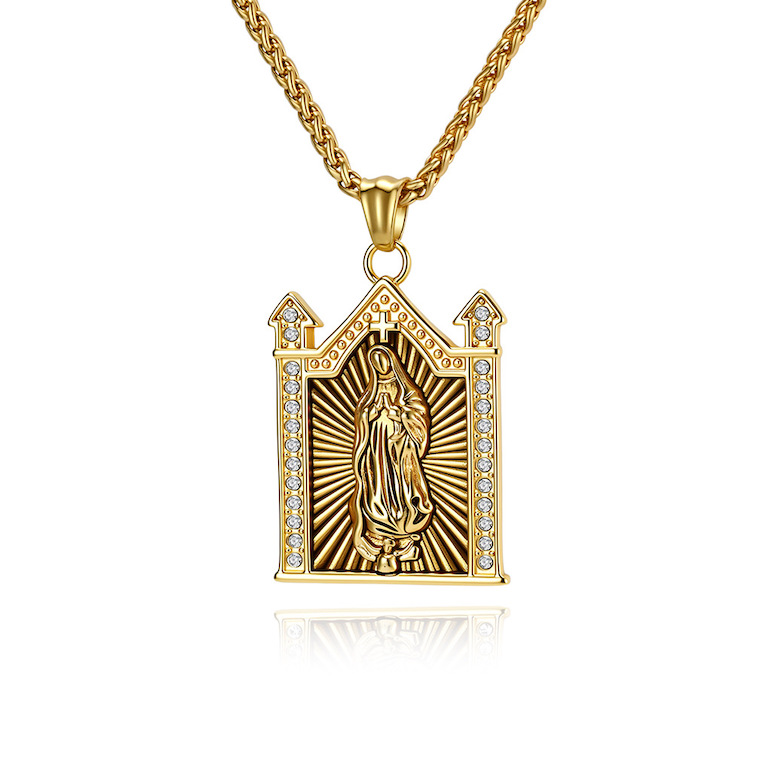 Men's Stainless Steel CZ Jesus Palace Pendant Necklace