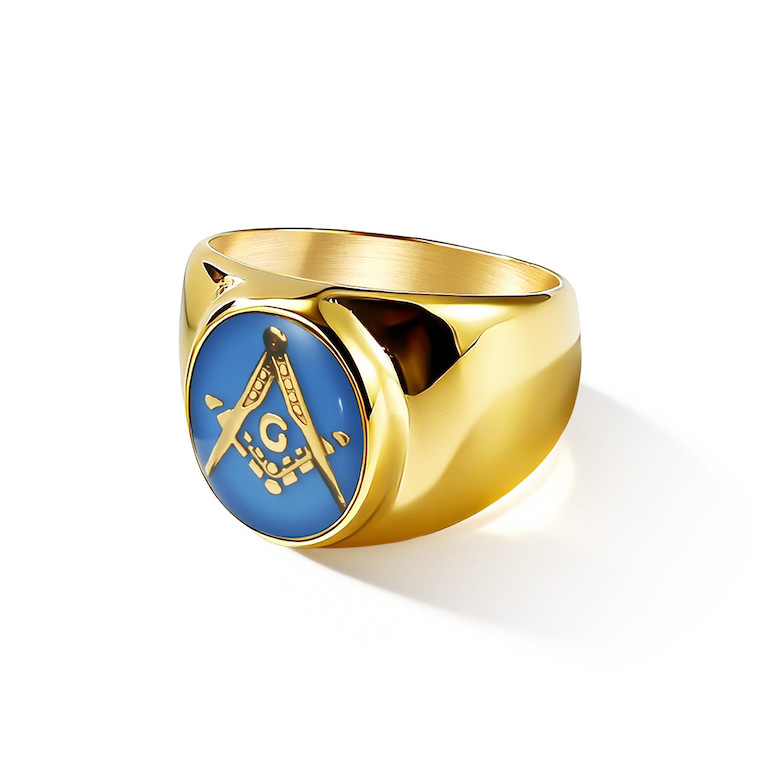 Hiphop Stainless Steel Blue Enamels Masonic Ring