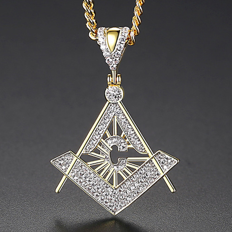 HipHop 35mm Brass Diamonds Masonic Pendant Necklace - Image 3