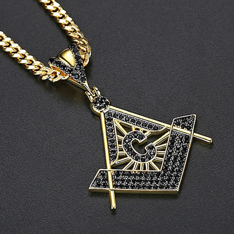 HipHop 35mm Brass Diamonds Masonic Pendant Necklace - Image 2