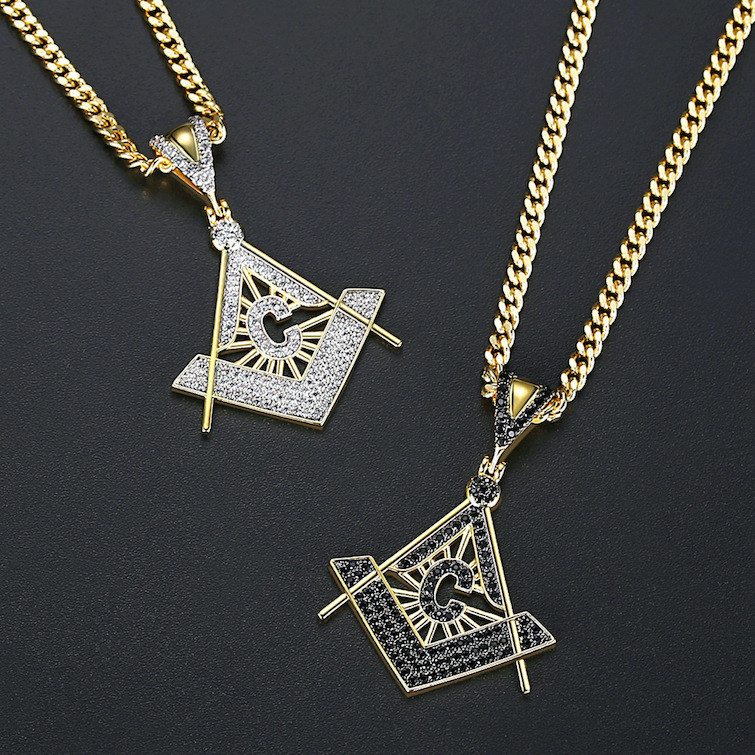 HipHop 35mm Brass Diamonds Masonic Pendant Necklace - Image 4