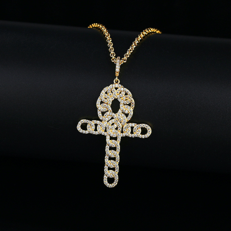 HipHop 47mm Brass Diamonds Cross Pendant Necklace - Image 3