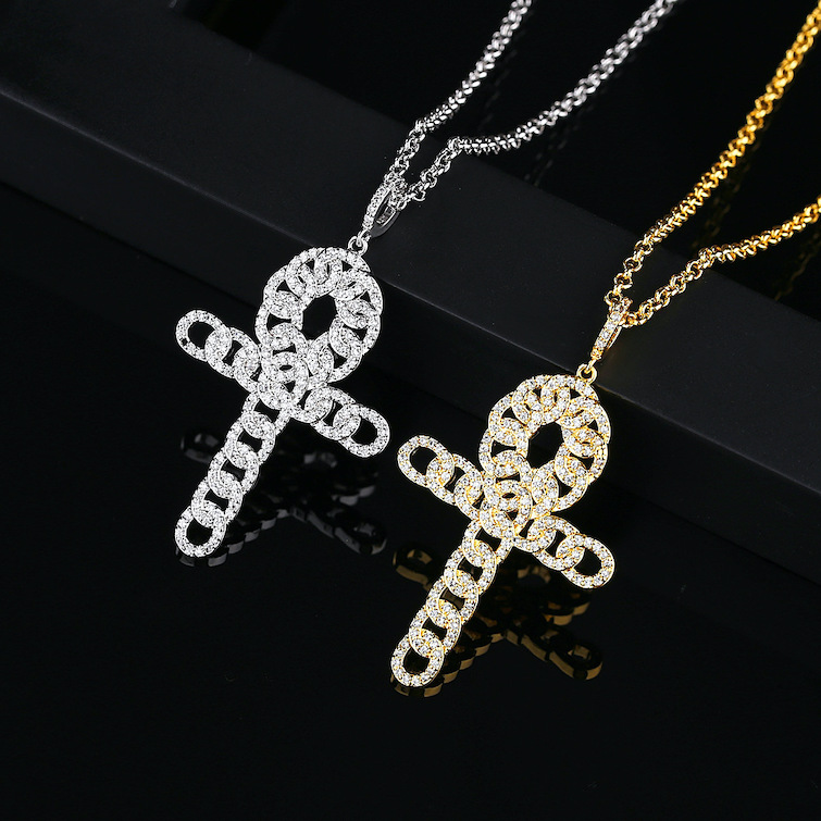 HipHop 47mm Brass Diamonds Cross Pendant Necklace - Image 4
