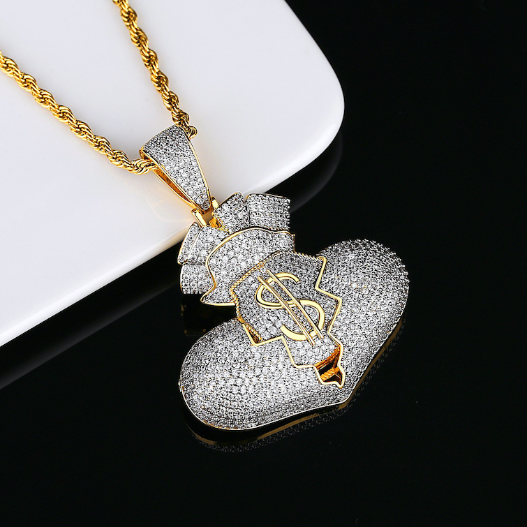 HipHop 60mm Brass CZ Money Pocket Pendant Necklace - Image 3