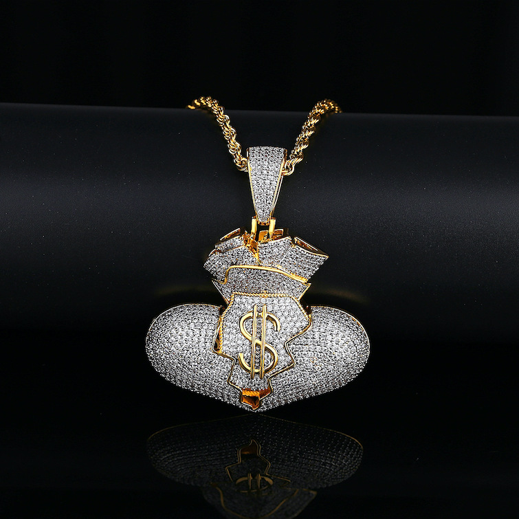 HipHop 60mm Brass CZ Money Pocket Pendant Necklace - Image 2