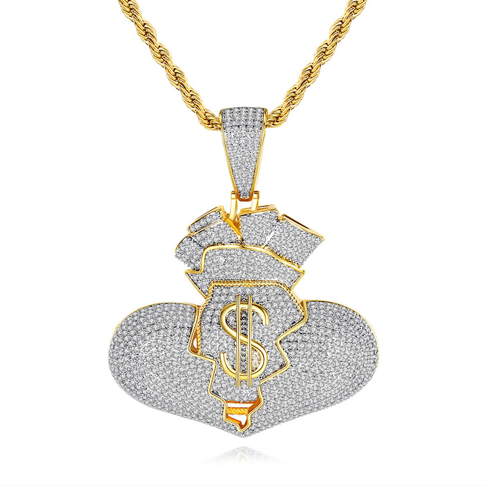 HipHop 60mm Brass CZ Money Pocket Pendant Necklace