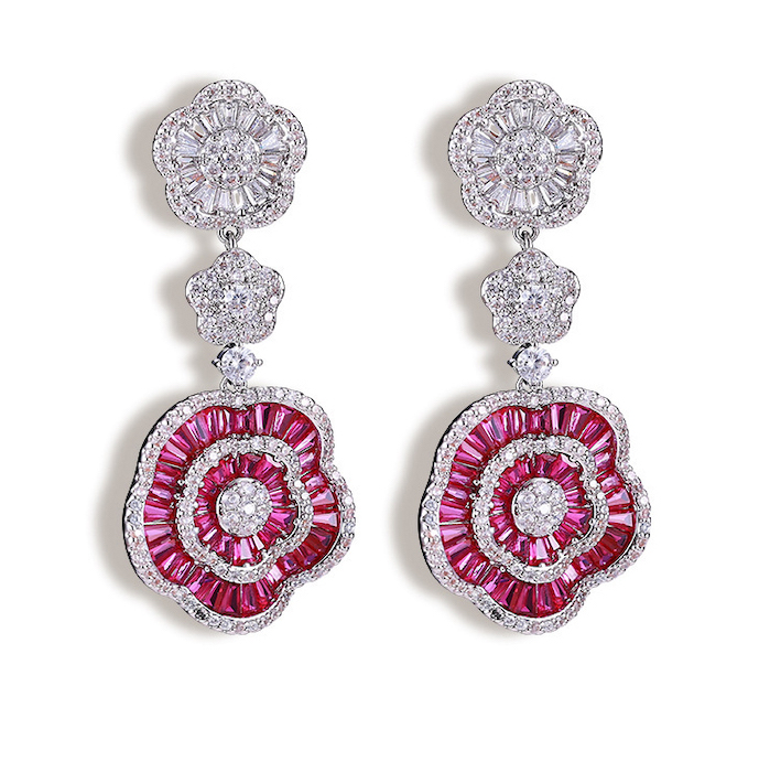 47mm Brass CZ Rose Flower Hanging Stud Earrings