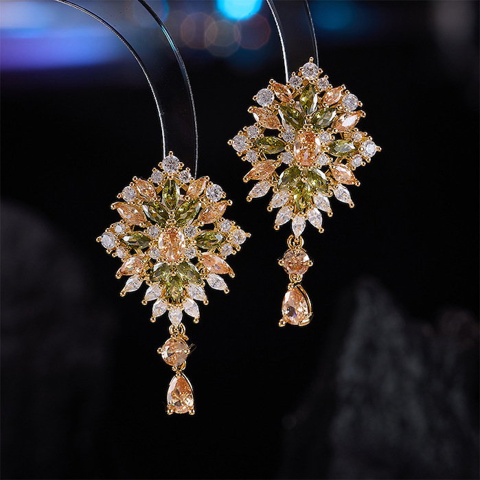 Brass Teardrop CZ Leaf Flower Stud Earrings - Image 3
