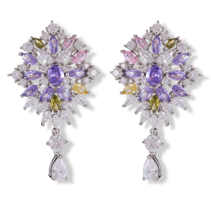 Brass Teardrop CZ Leaf Flower Stud Earrings