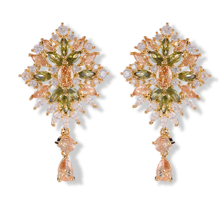 Brass Teardrop CZ Leaf Flower Stud Earrings - Image 2