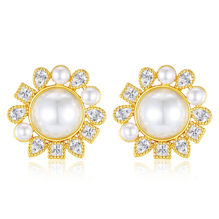 16mm Brass CZ Pearl Flower Stud Earrings
