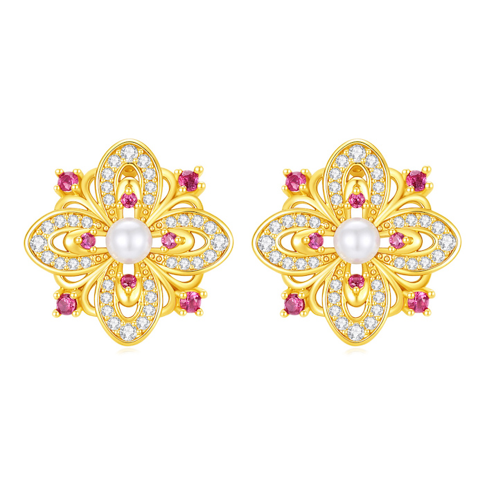 18.2mm Brass CZ Pearl Clover Flower Stud Earrings