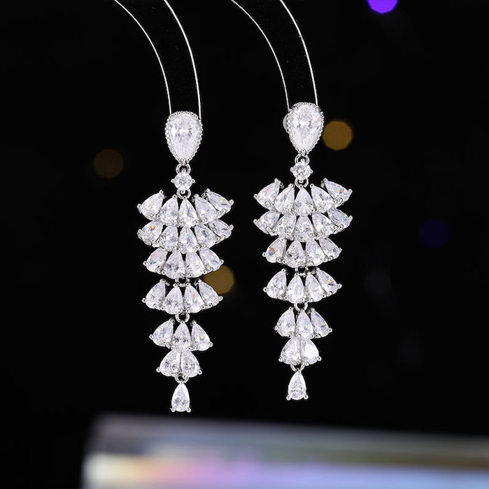 Brass 50mm Teardrop CZ Leaf Stud Earrings - Image 2