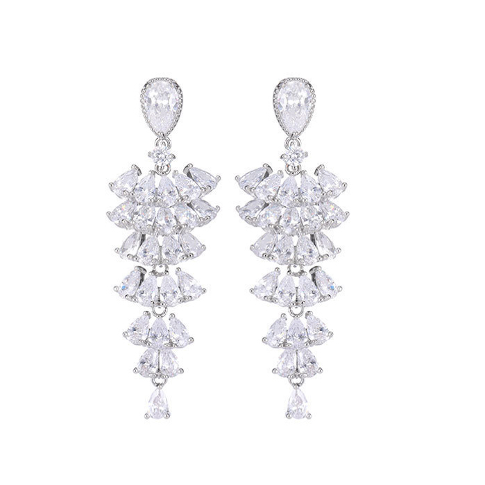 Brass 50mm Teardrop CZ Leaf Stud Earrings
