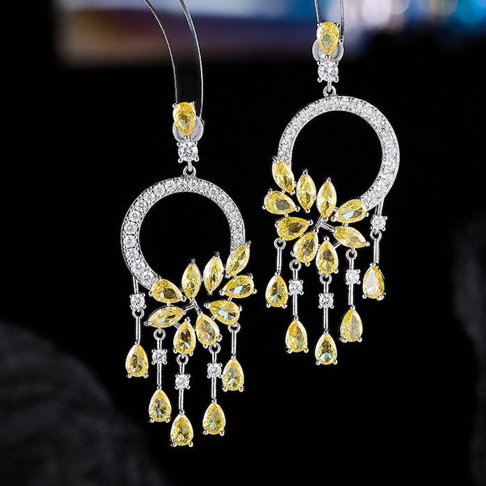 Brass 62mm Teardrop CZ Tassels Circle Stud Earrings - Image 4