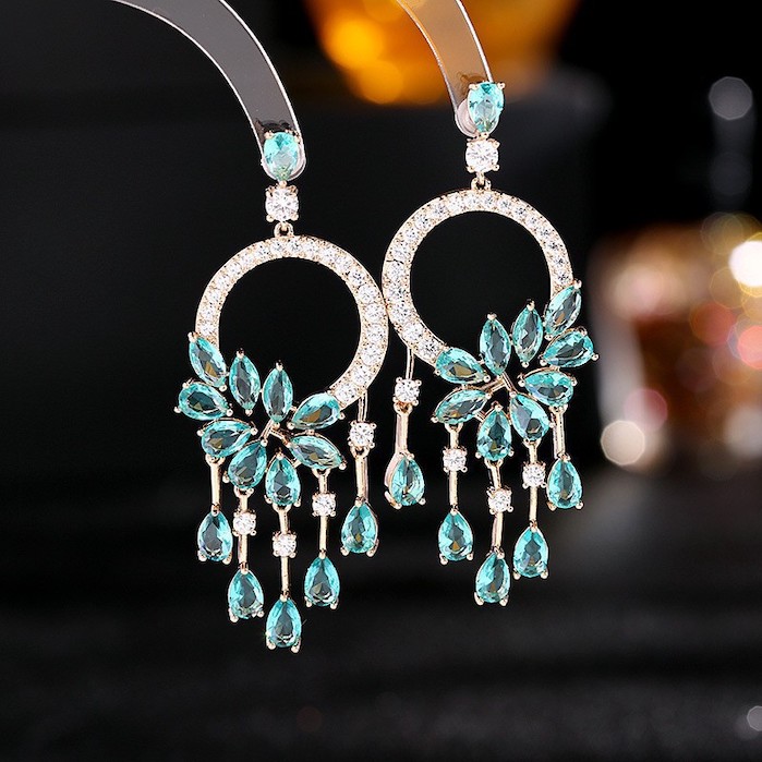 Brass 62mm Teardrop CZ Tassels Circle Stud Earrings - Image 3