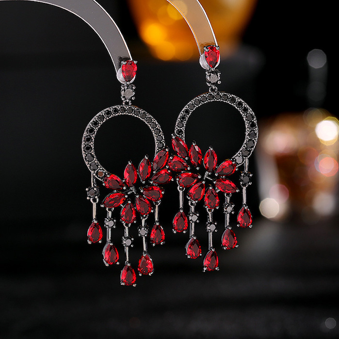 Brass 62mm Teardrop CZ Tassels Circle Stud Earrings - Image 2