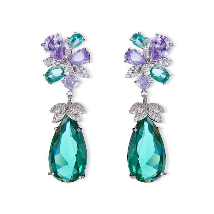 Brass 49mm CZ Flower Teardrop Stud Earrings