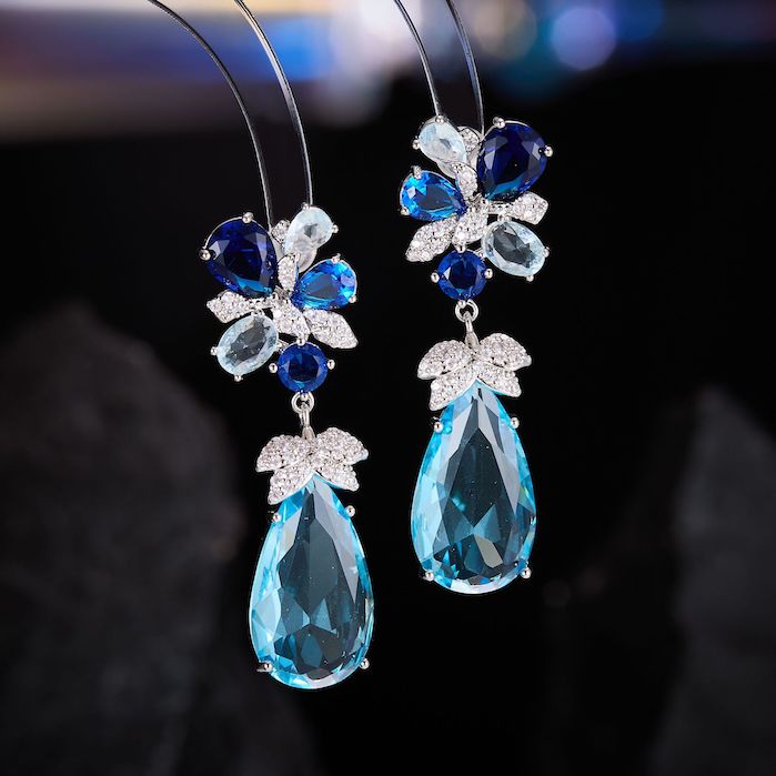 Brass 49mm CZ Flower Teardrop Stud Earrings - Image 2