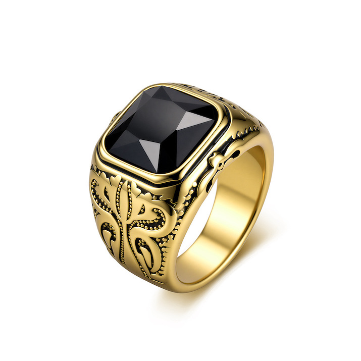 Men's Stainless Steel Geometric Onyx Stone Ring