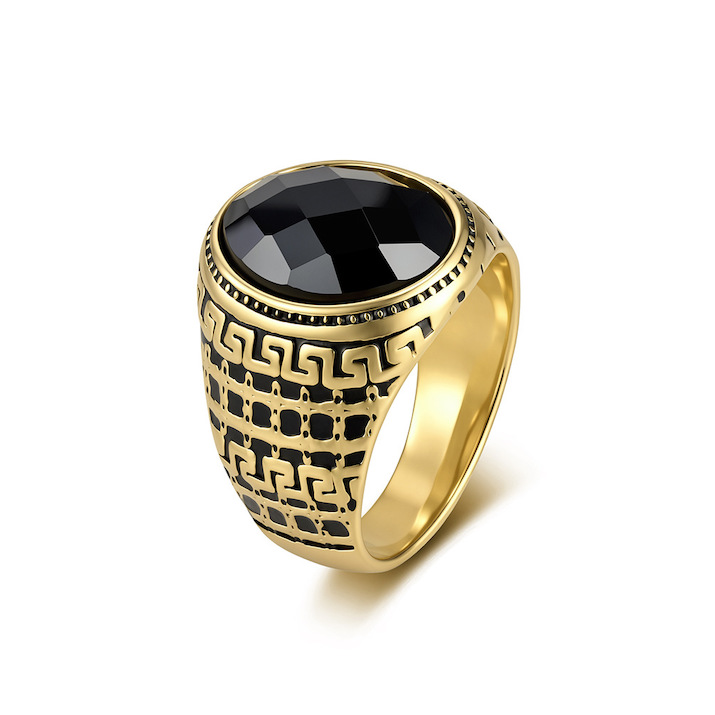 Men's Stainless Steel Oval Onyx Stone Ring