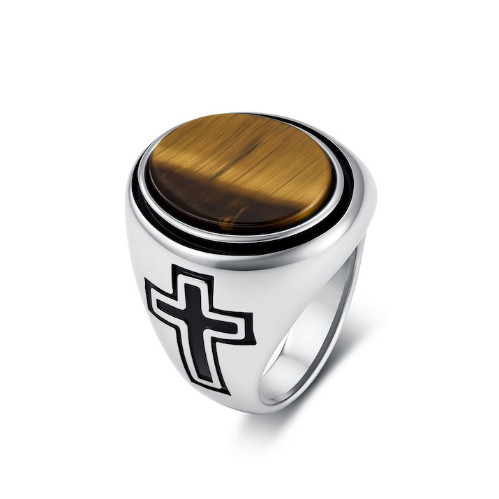 24mm Men's Stainless Steel Oval Agate Cross Ring
