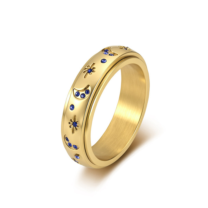Women's Stainless Steel Rotatable CZ Moon Stars Ring