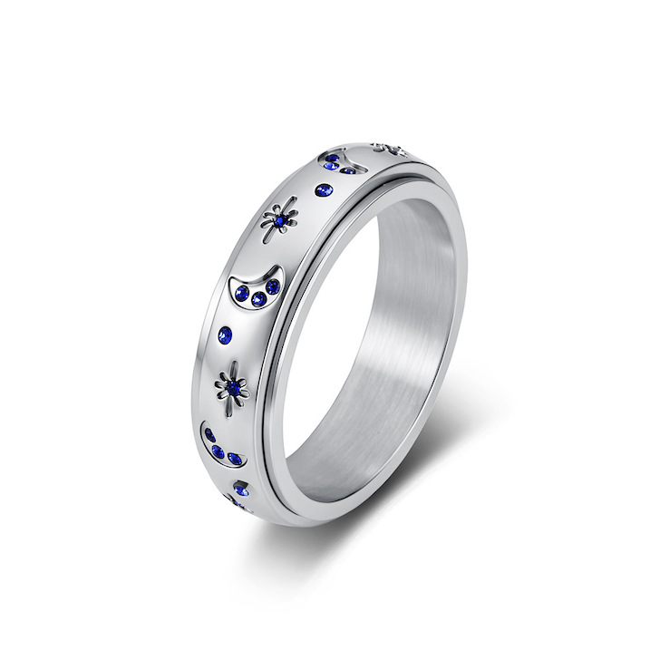Women's Stainless Steel Rotatable CZ Moon Stars Ring - Image 3