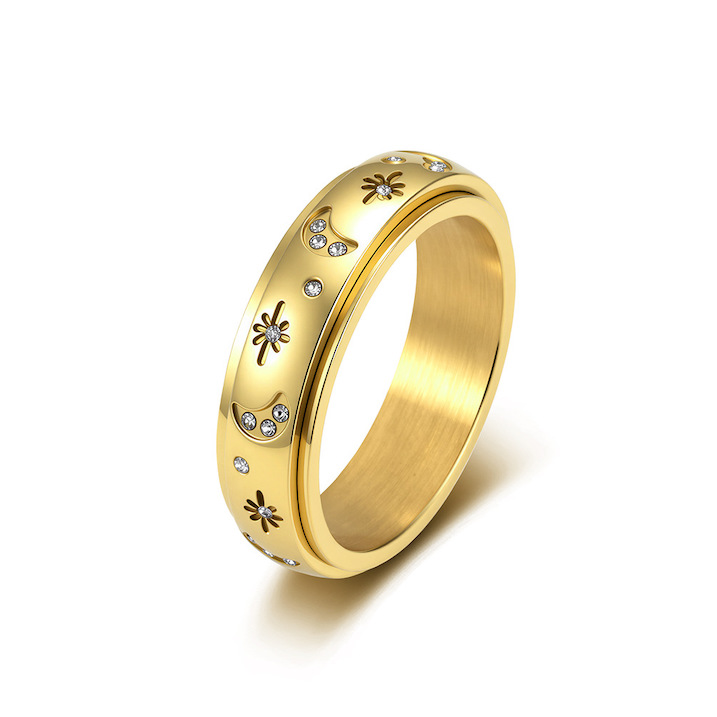 Women's Stainless Steel Rotatable CZ Moon Stars Ring - Image 2
