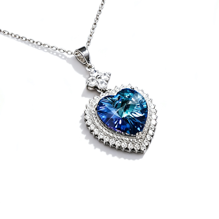 Brass Jewelry Sea Blue Diamond Heart Pendant Necklace