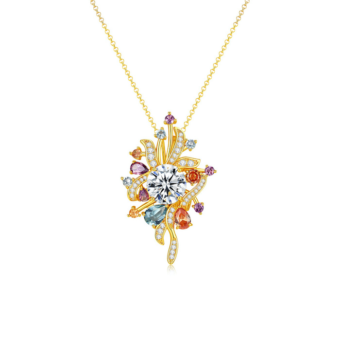 Brass Colorful CZ Flowers Pendant Necklace