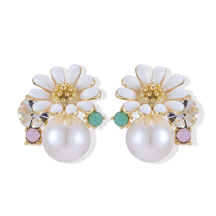 Brass Jewelry White CZ Pearl Daisy Flower Stud Earrings