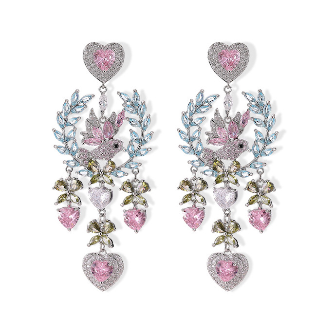 29x67mm Brass CZ Leaf Hearts Tassels Stud Earrings