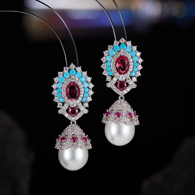 45x18mm Brass CZ Pearl Leaf Stud Earrings - Image 3