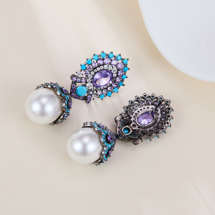 45x18mm Brass CZ Pearl Leaf Stud Earrings - Image 2