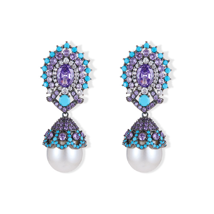 45x18mm Brass CZ Pearl Leaf Stud Earrings