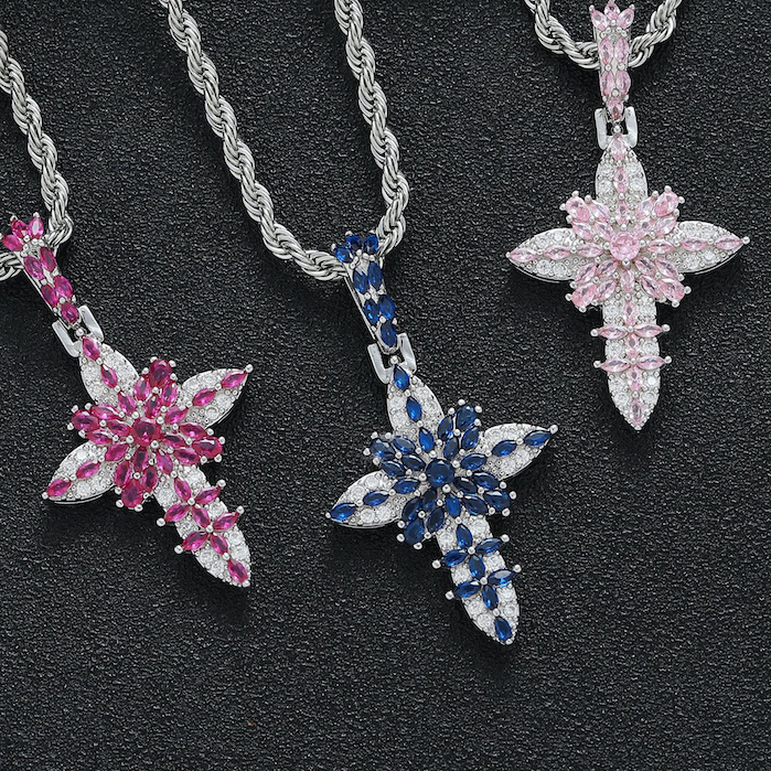 HipHop Brass Diamonds Flower Cross Pendant Necklace - Image 4