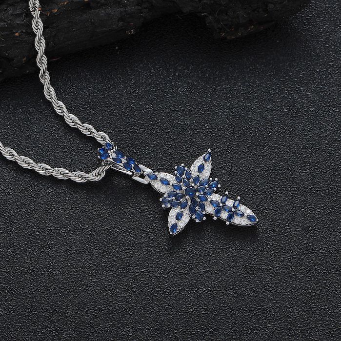 HipHop Brass Diamonds Flower Cross Pendant Necklace - Image 3