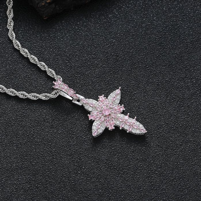 HipHop Brass Diamonds Flower Cross Pendant Necklace - Image 2