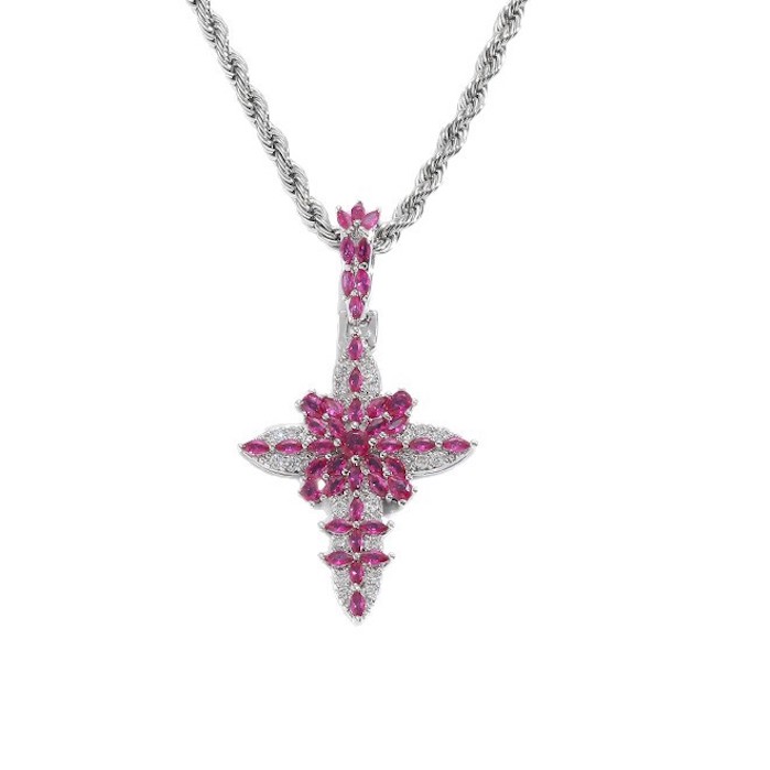HipHop Brass Diamonds Flower Cross Pendant Necklace