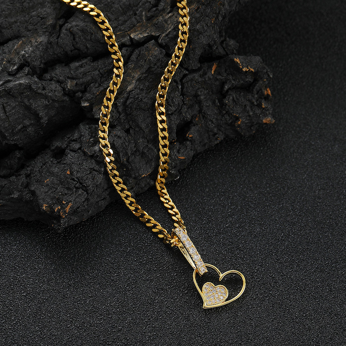 Hollow Brass Diamonds Heart Pendant Necklace - Image 3