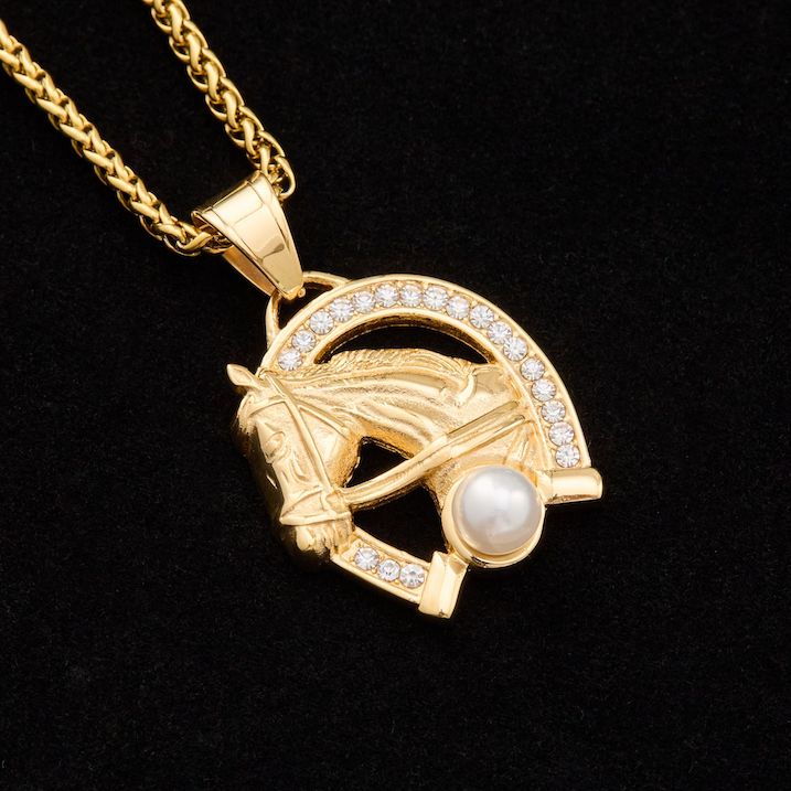 Men's Stainless Steel CZ Pearl Horse Pendant - Image 4
