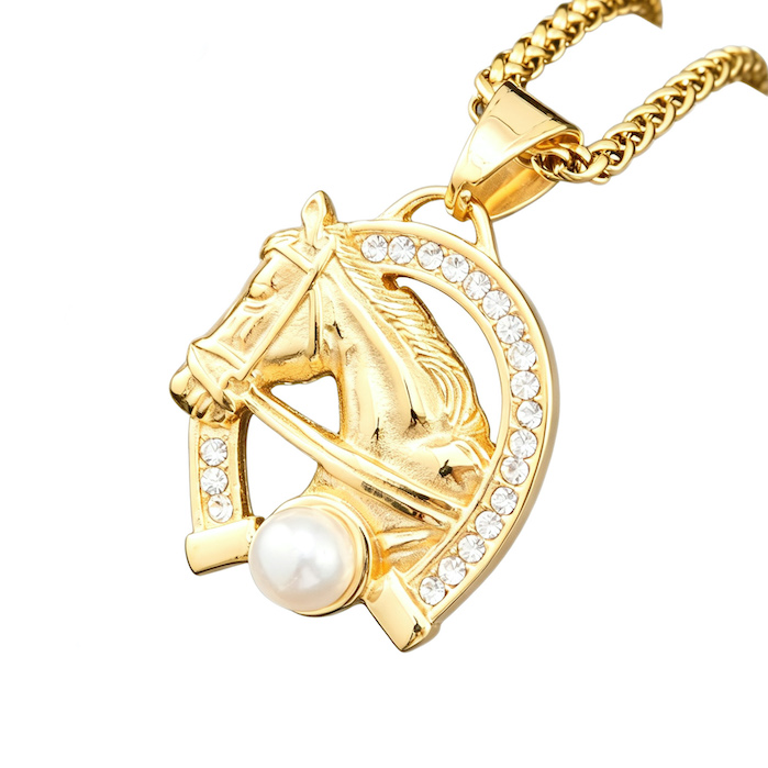 Men's Stainless Steel CZ Pearl Horse Pendant