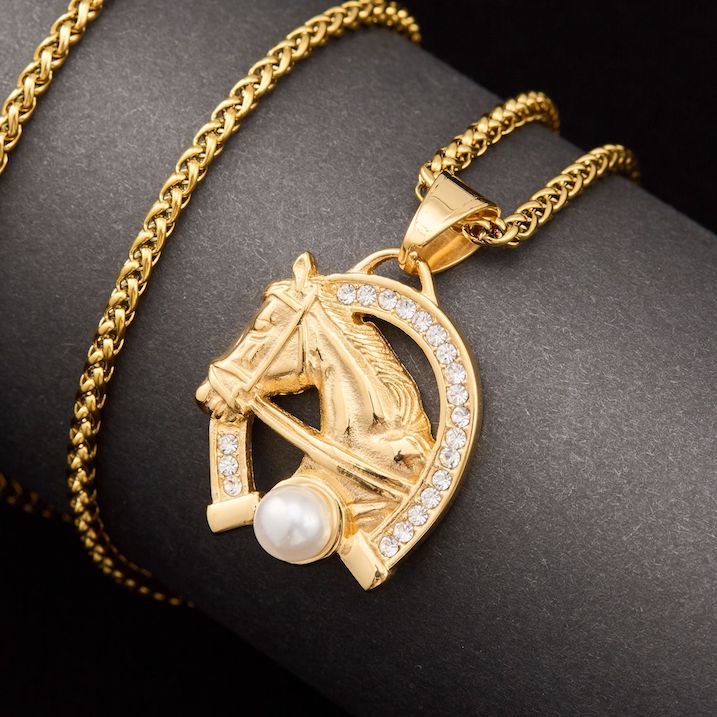 Men's Stainless Steel CZ Pearl Horse Pendant - Image 3