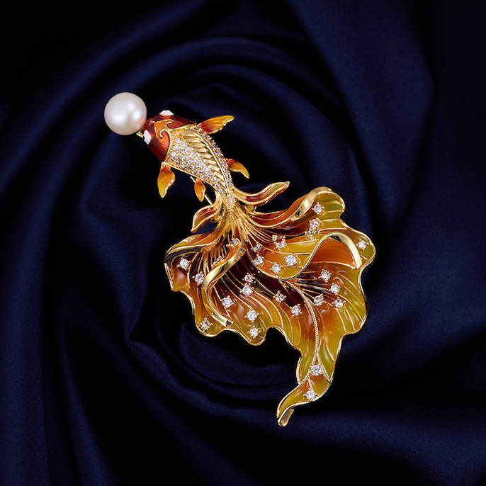 72x39mm Brass Jewelry Enamels CZ Goldfish Brooch - Image 3