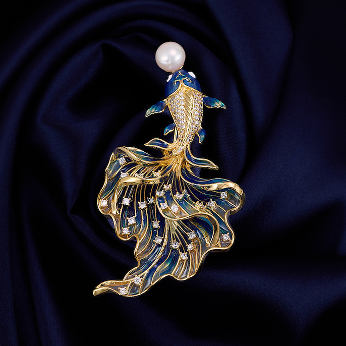 72x39mm Brass Jewelry Enamels CZ Goldfish Brooch - Image 2