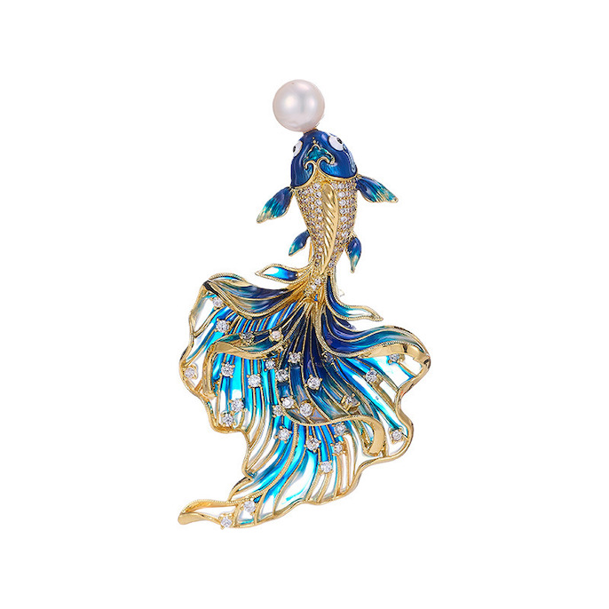 72x39mm Brass Jewelry Enamels CZ Goldfish Brooch