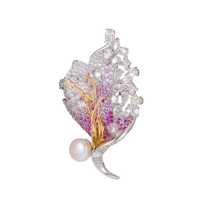 56x30mm Brass Jewelry CZ Pearl Leaf Brooch